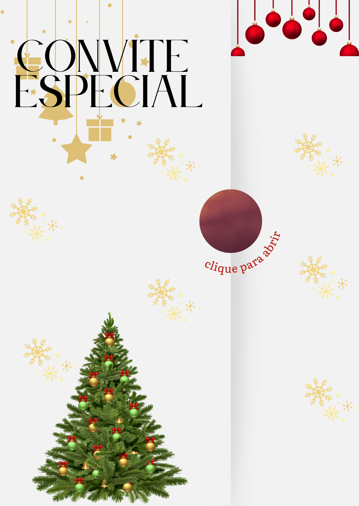 Capa do convite com decoração natalina e texto Clique para abrir